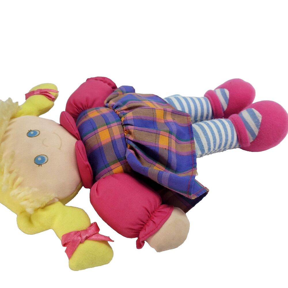 Eden Clothe Doll Blonde Stuffed Girl 10" Toy Plaid Dress Pigtails Bows - Picture 4 of 10